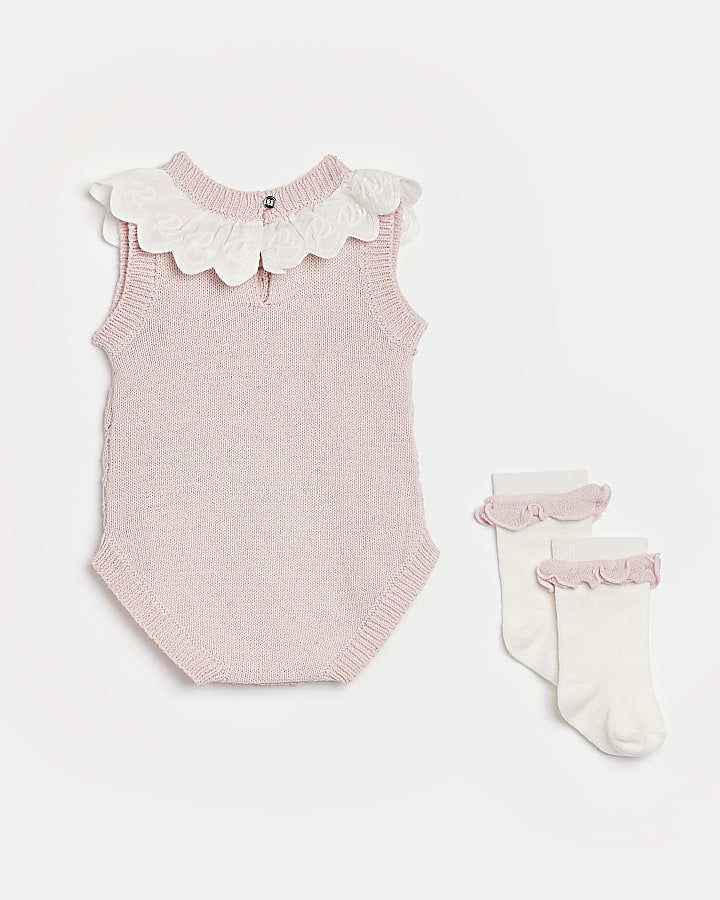 Baby girls pink collar bodysuit and socks set