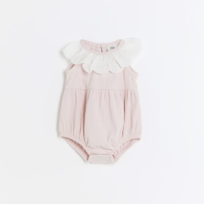baby girls pink collared frill romper | River Island