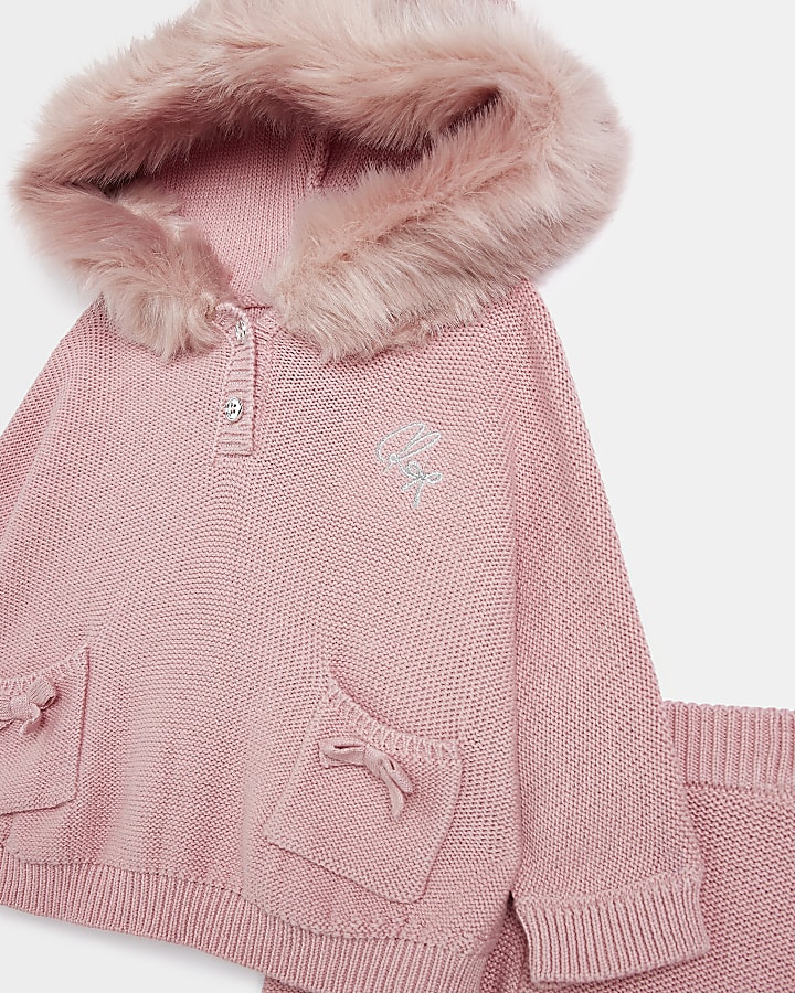 Baby girls Pink faux fur hooded Poncho Set