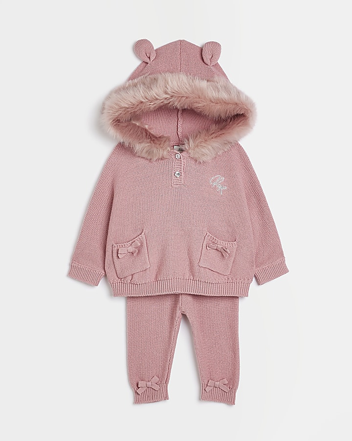 Baby girls Pink faux fur hooded Poncho Set