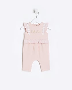 Baby girls pink floral embroidered all in one