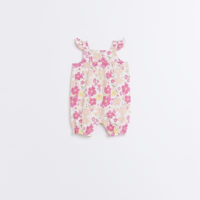 Baby girls pink floral frill all in one