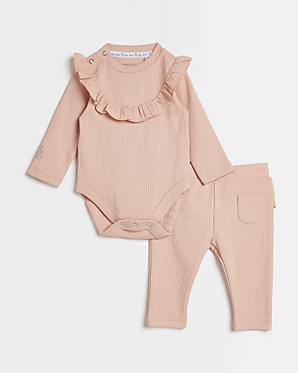 Baby girls pink frill bib bodysuit outfit