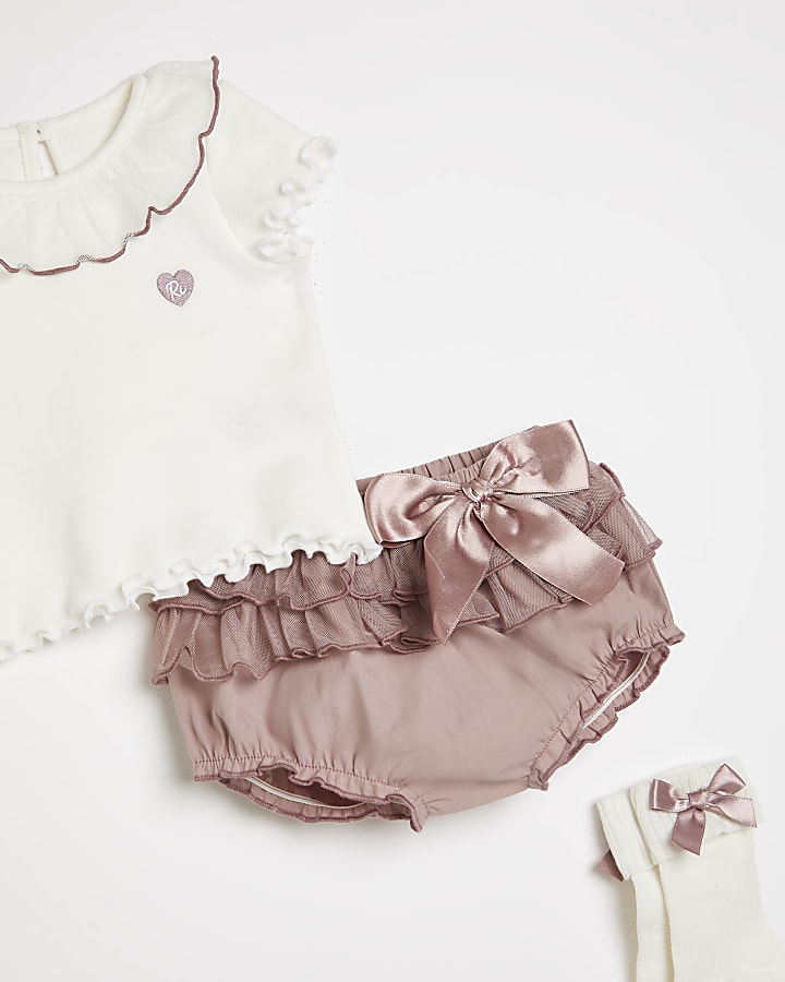 Baby girls pink frill bloomers 3 piece outfit