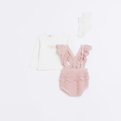 Baby Girls Pink Frill Knitted Bloomer Outfit River Island