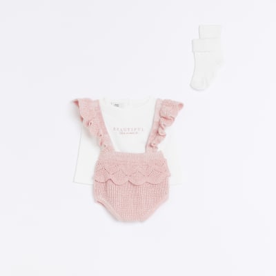 Baby Girls Pink Frill Knitted Bloomer Outfit River Island