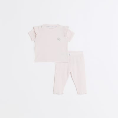 Baby girls pink frill leggings set River Island