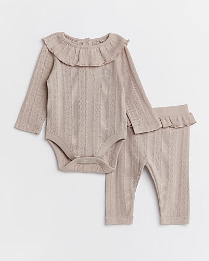 Baby girls pink frill rib bodysuit outfit