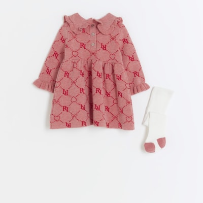 Baby girls pink knitted monogram dress set River Island