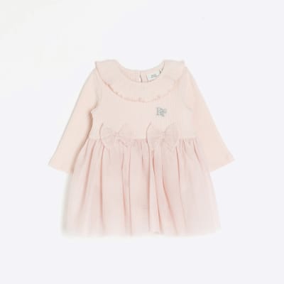 Baby girls pink long sleeve mesh bow dress River Island