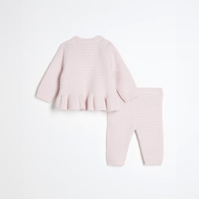 Baby Girls Pink Peplum Cardigan Knit Set | River Island 