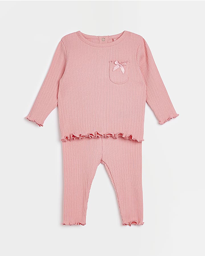 Baby girls Pink Pocket Long Sleeve Ribbed Set