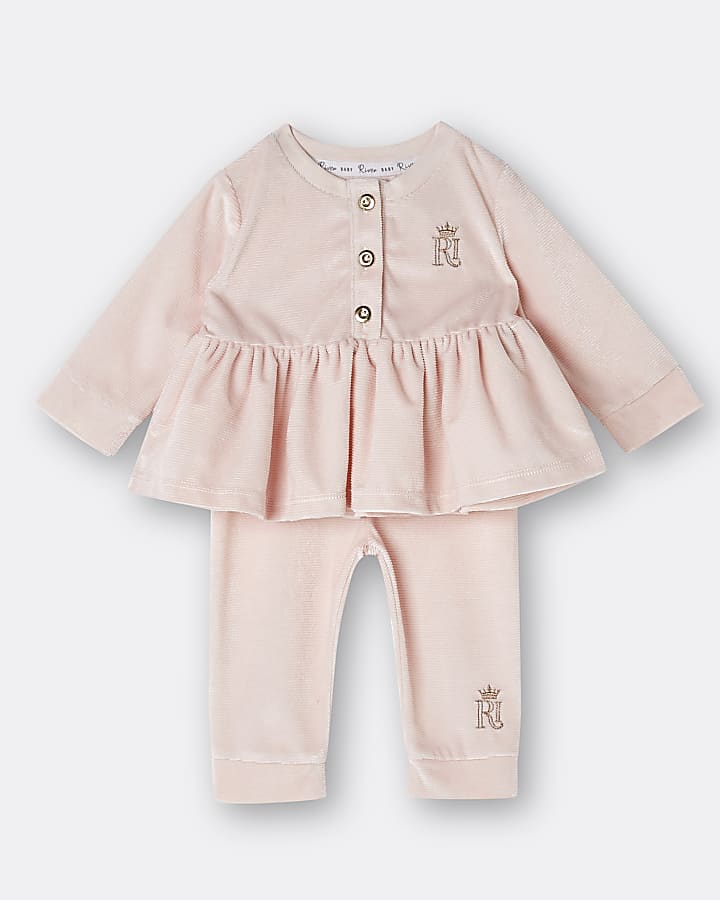 Baby girls pink RI peplum velour outfit