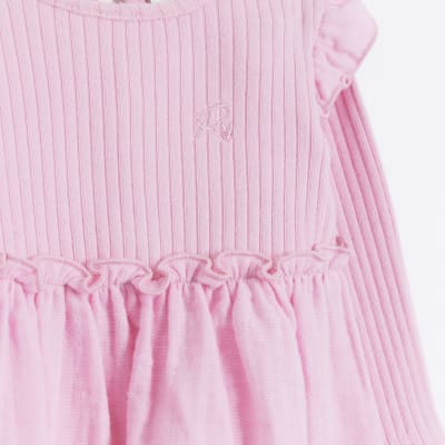 Baby girls pink rib long sleeve dress River Island