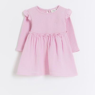 Baby girls pink rib long sleeve dress River Island