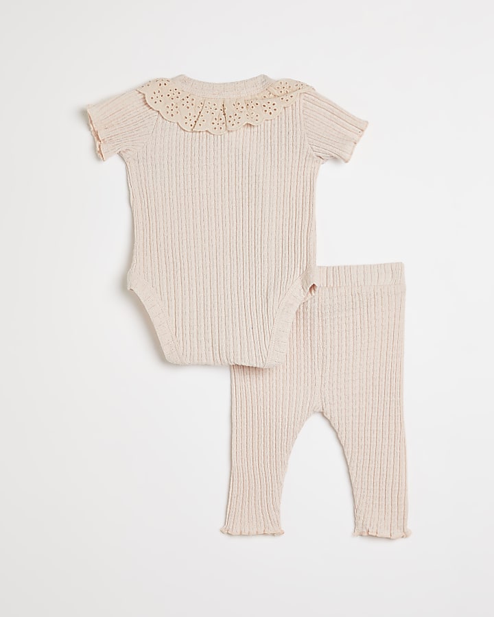 Baby girls pink ribbed broderie collar outfit