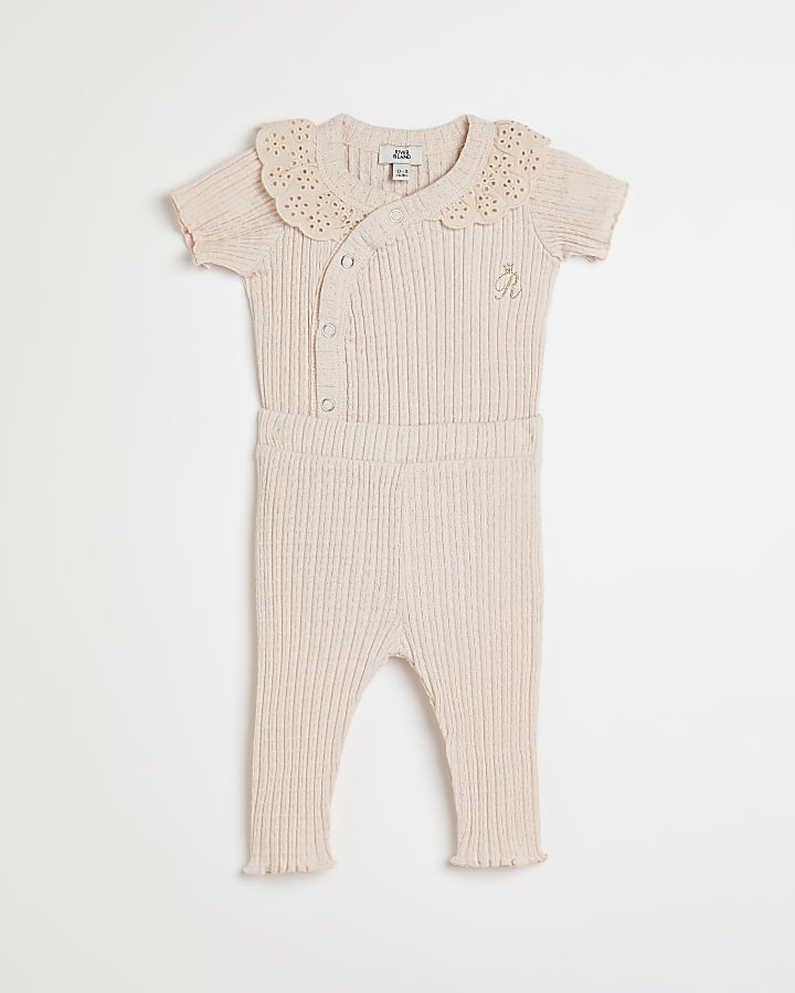 Baby girls pink ribbed broderie collar outfit