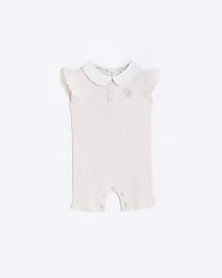 Baby girls pink ribbed frill all in one