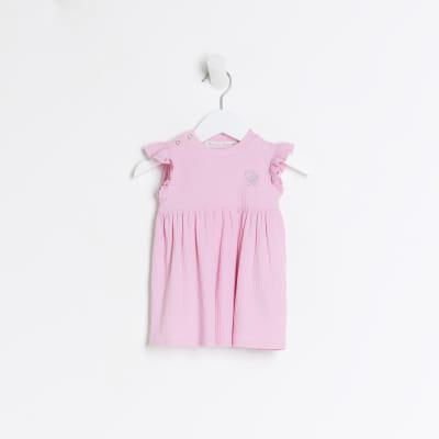 Baby girls Pink Ribbed frill sleeve Dress