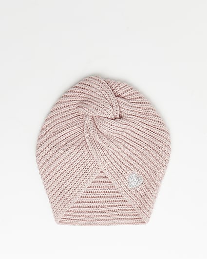 Baby girls pink ribbed knit turban hat