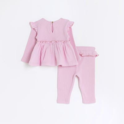 Baby girls pink ribbed peplum outfit River Island