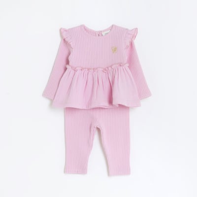 Baby girls pink ribbed peplum outfit River Island