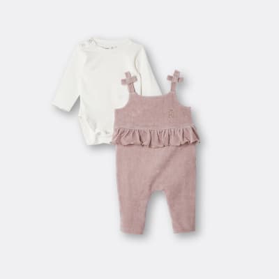 Baby Girls Pink Velour Frill Dungaree Outfit River Island