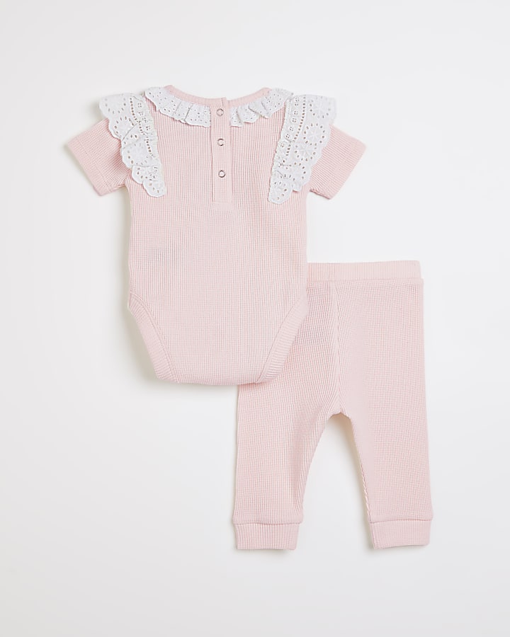 Baby girls pink waffle broderie frill outfit