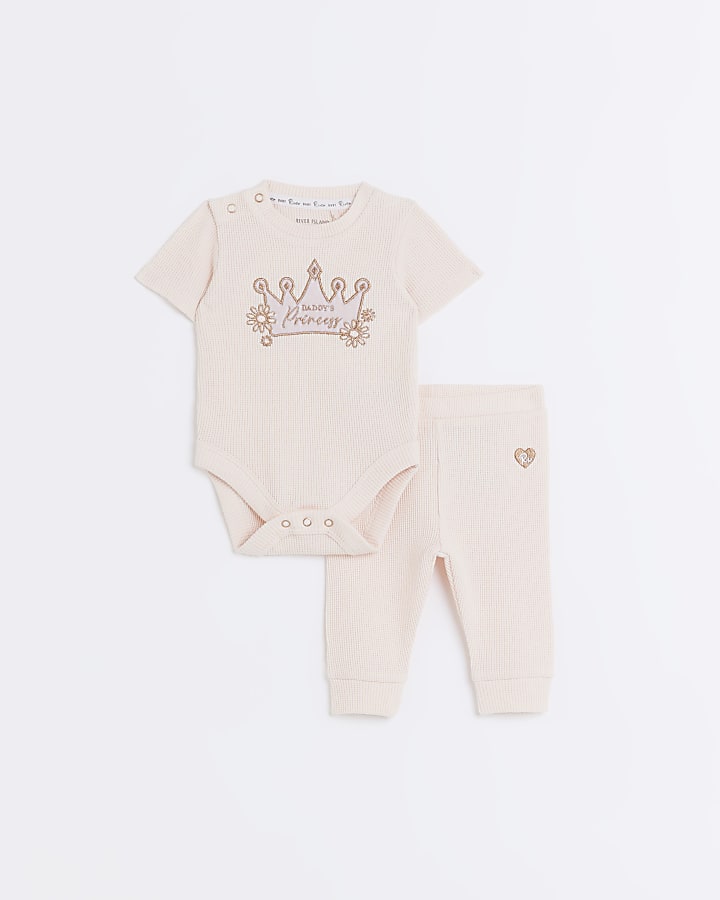 Baby girls pink waffle embroidered set