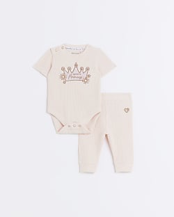 Baby girls pink waffle embroidered set