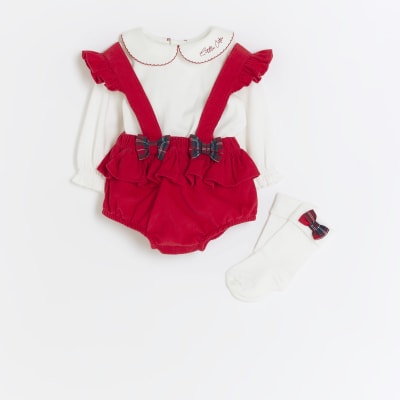 Baby girls red frill bloomers check bow set River Island