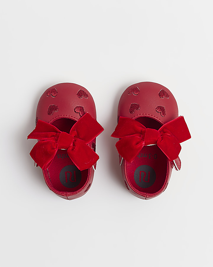Baby Girls Red Velour Bow Heart Shoes