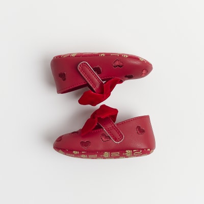 Baby Girls Red Velour Bow Heart Shoes