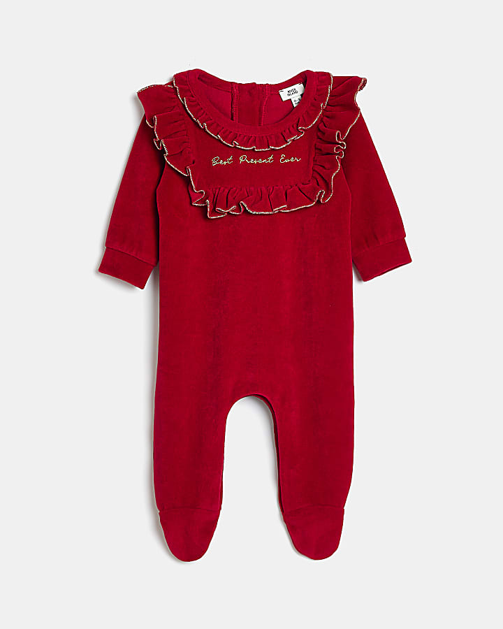 Baby Girls Red Velour Frill Bodysuit