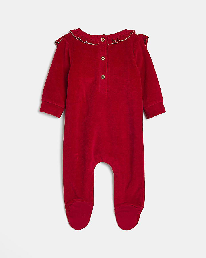 Baby Girls Red Velour Frill Bodysuit