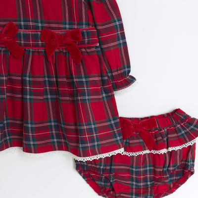 Baby girls red velvet check dress set River Island