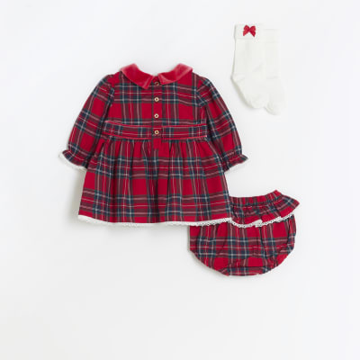 Baby girls red velvet check dress set River Island