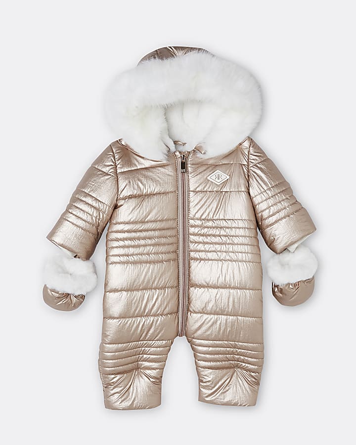Baby girls rose gold quilted snowsuit