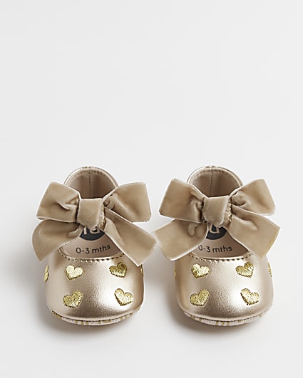 Baby Girls Rose Gold Velour Bow Heart Shoes