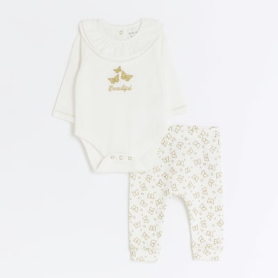 Baby girls White Butterfly Leggings Set River Island