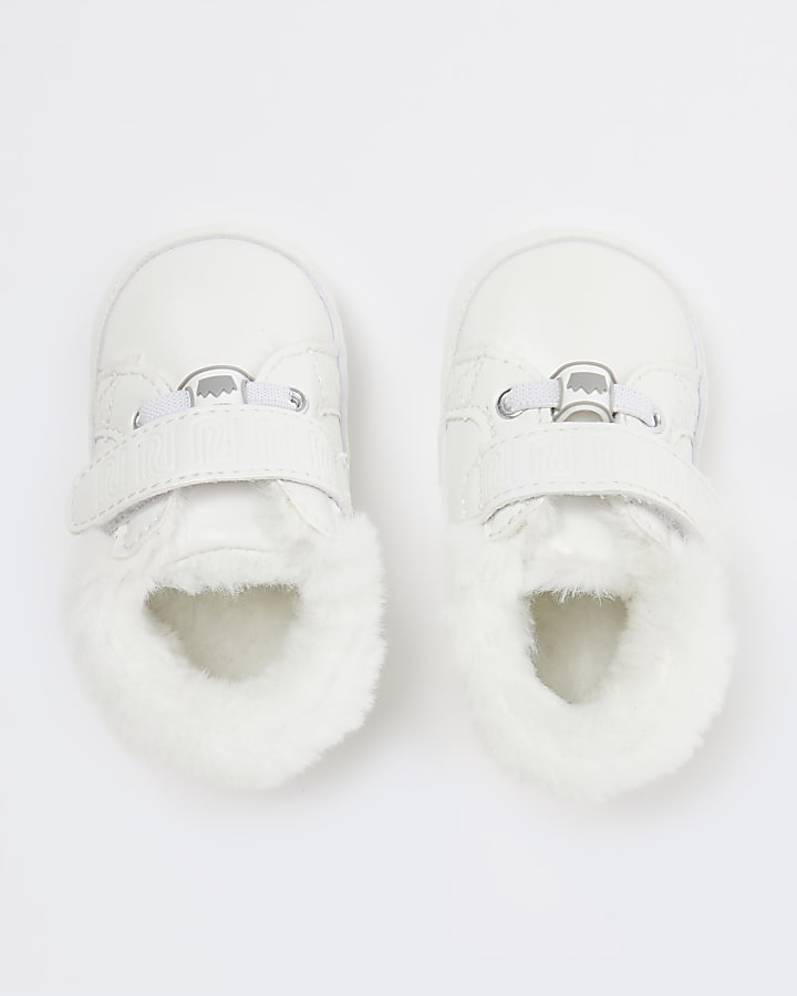 Baby girls white faux fur trainers
