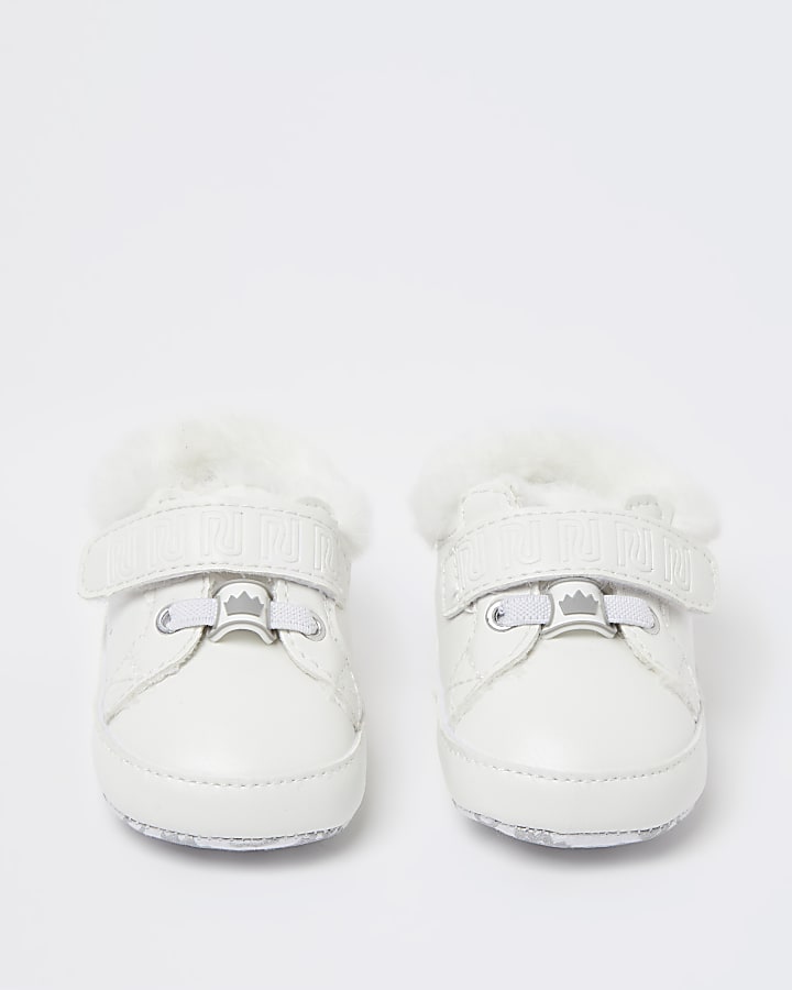 Baby girls white faux fur trainers