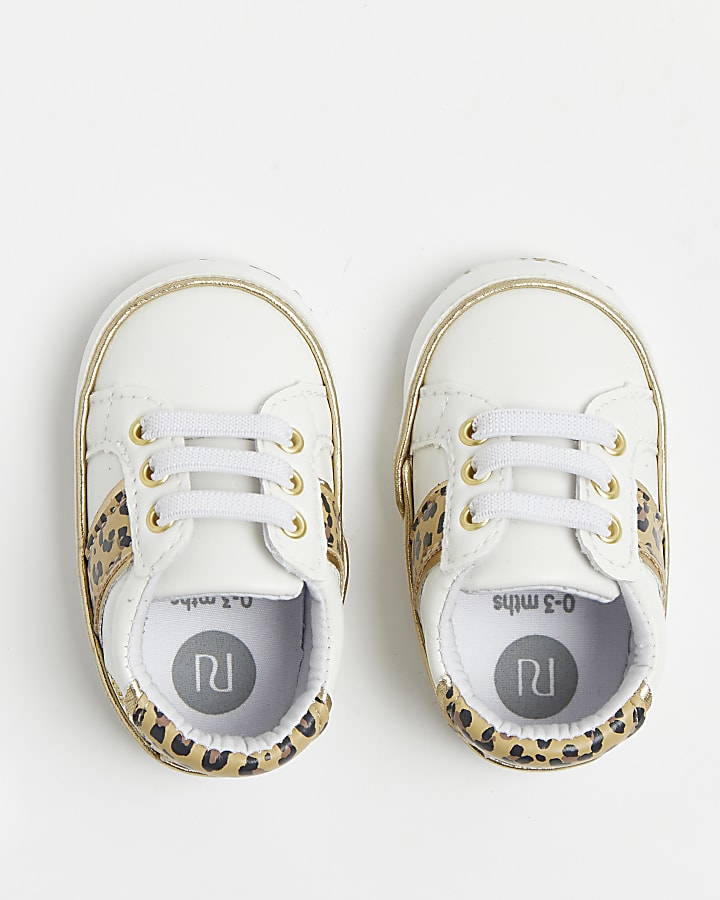 Baby girls white leopard print trainers