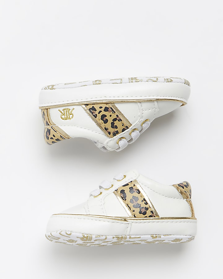 Baby girls white leopard print trainers