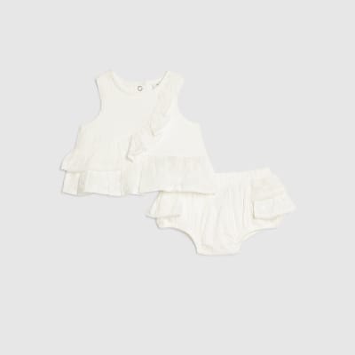 Baby Girls White Ruffle Broderie Bloomer Set