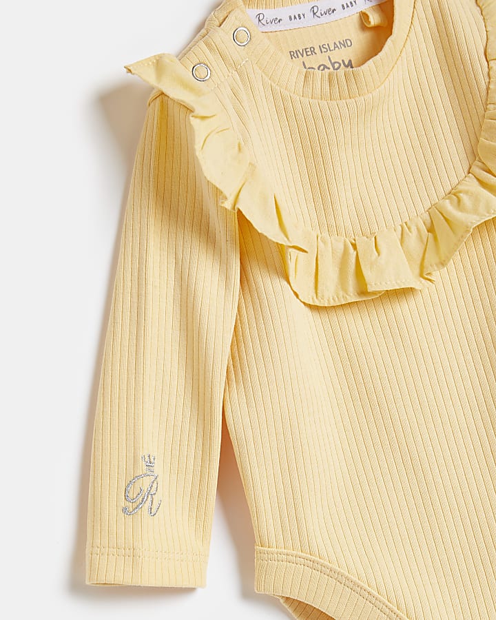 Baby girls yellow frill bib bodysuit outfit