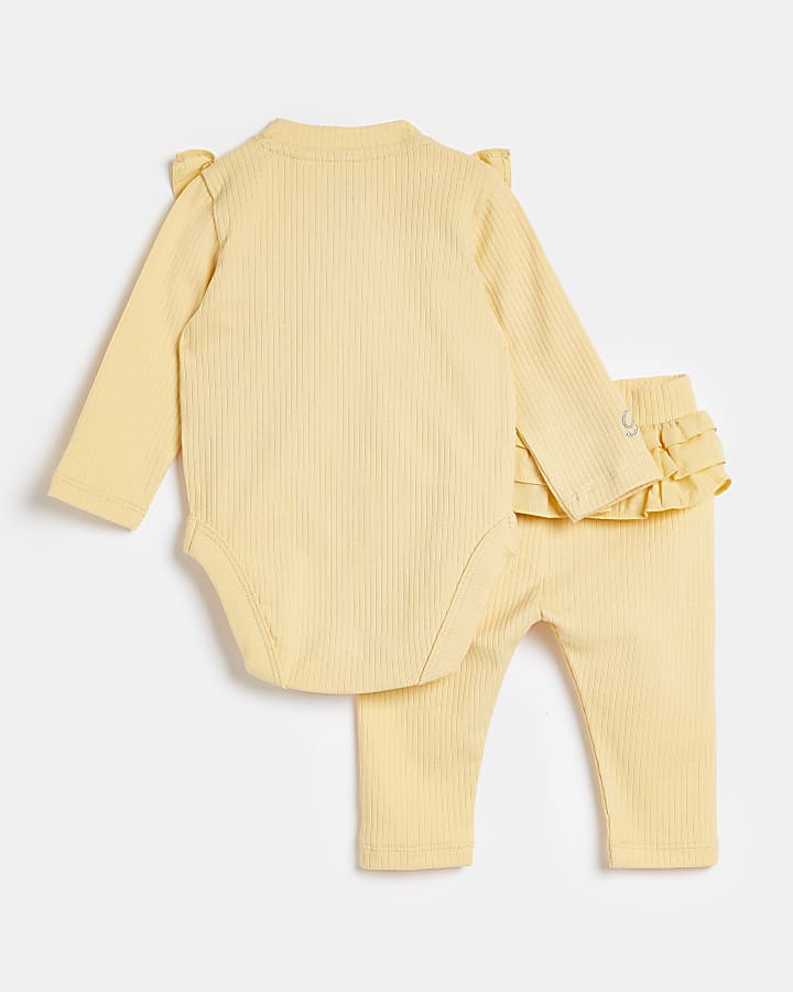Baby girls yellow frill bib bodysuit outfit