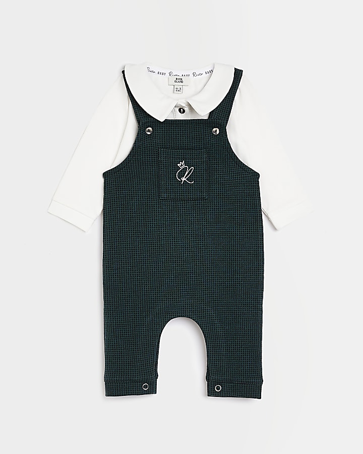 Baby green dogtooth dungaree outfit