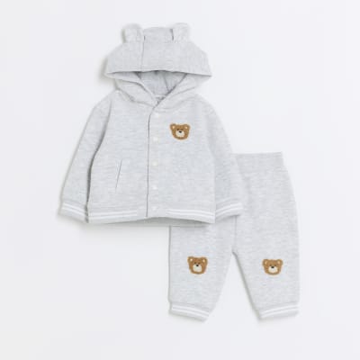 Baby grey bear hoodie and joggers set | River Island