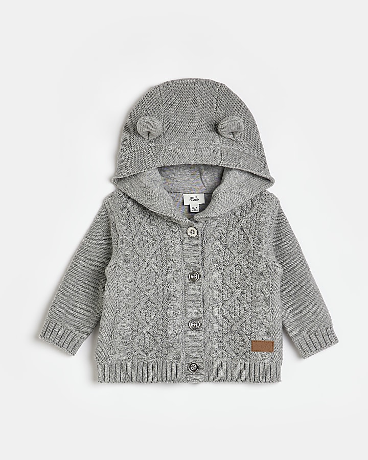 læbe Elemental fly Baby Grey Button Up Hooded Cardigan | River Island